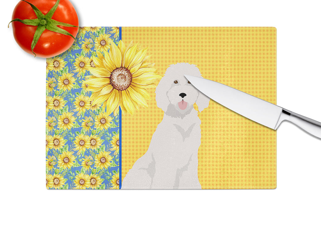 Summer Sunflowers Standard White Poodle Cutting Board Tempered Glass Kitchen Cutting Surface, Heat Resistant Chopping, Non-Slip Feet, Food Prep & Serving