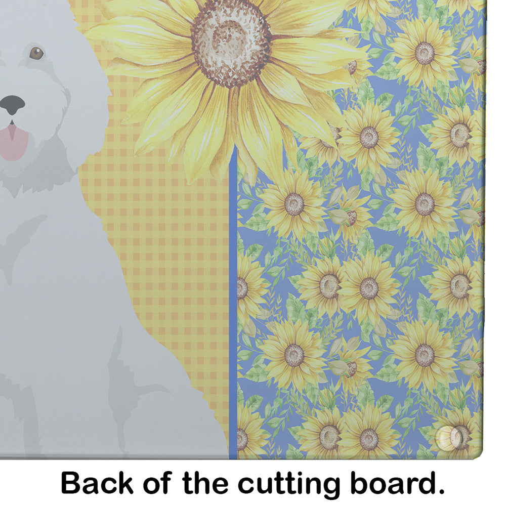 Summer Sunflowers Standard White Poodle Cutting Board Tempered Glass Kitchen Cutting Surface, Heat Resistant Chopping, Non-Slip Feet, Food Prep & Serving