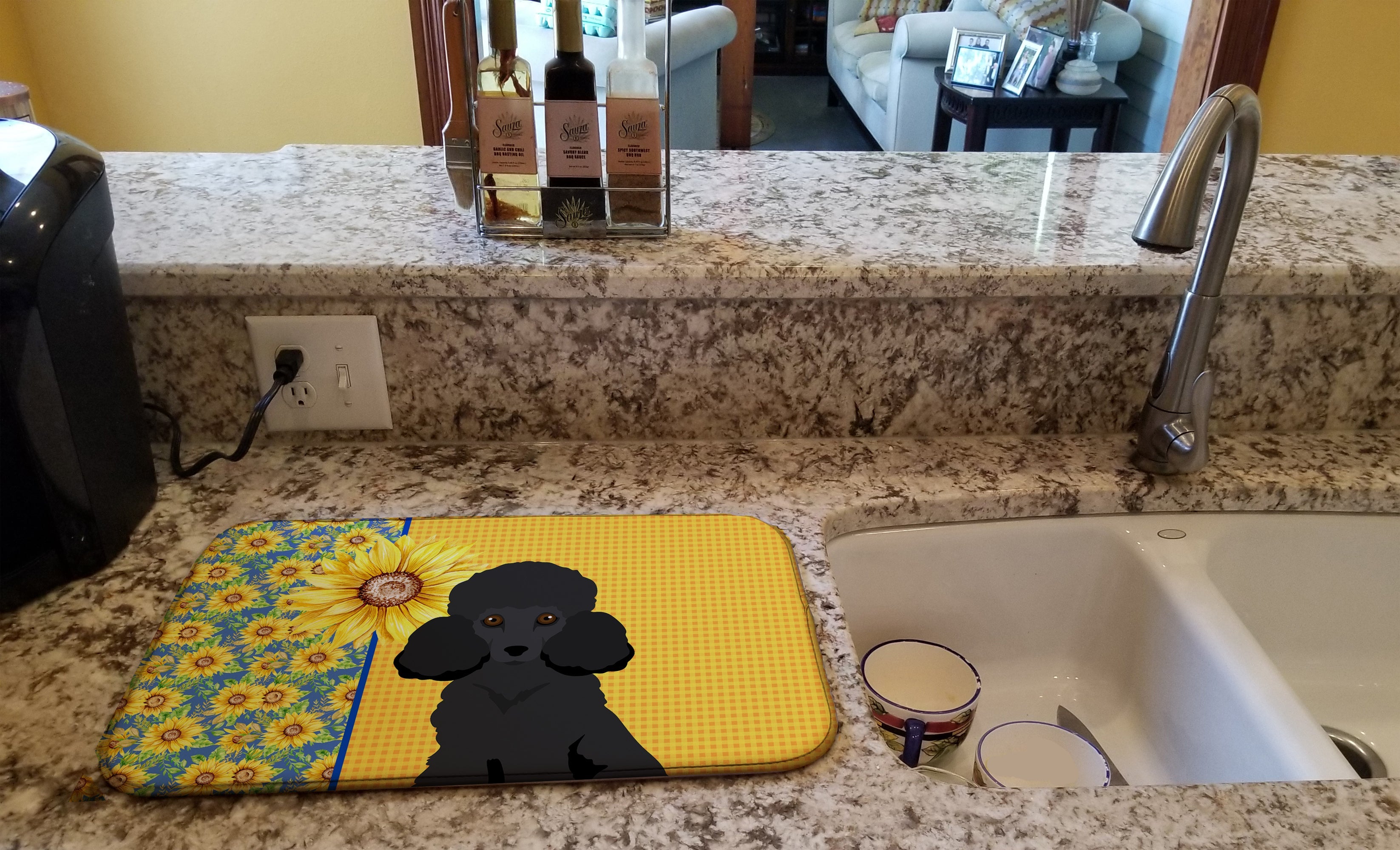 Summer Sunflowers Toy Black Poodle Dish Drying Mat Absorbent Dish Drying Mat Pad for Kitchen Counter Dish Drainer Mat for Countertop, 14 x 21", Multicolor