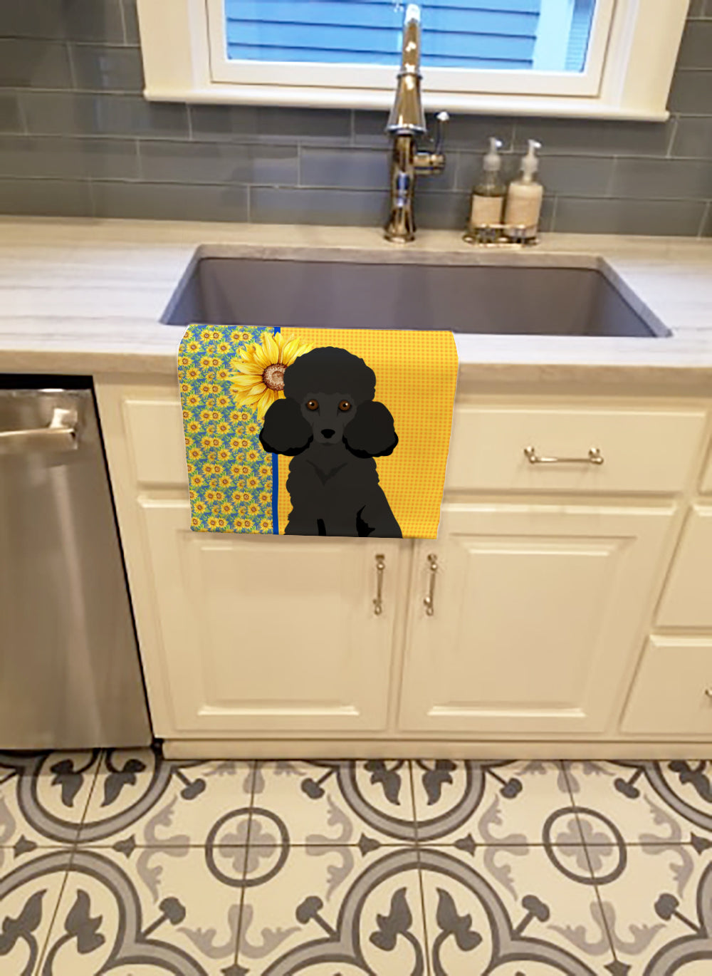 Summer Sunflowers Toy Black Poodle Kitchen Towel Velour Plush Front and Cotton Loop Back Machine Washable