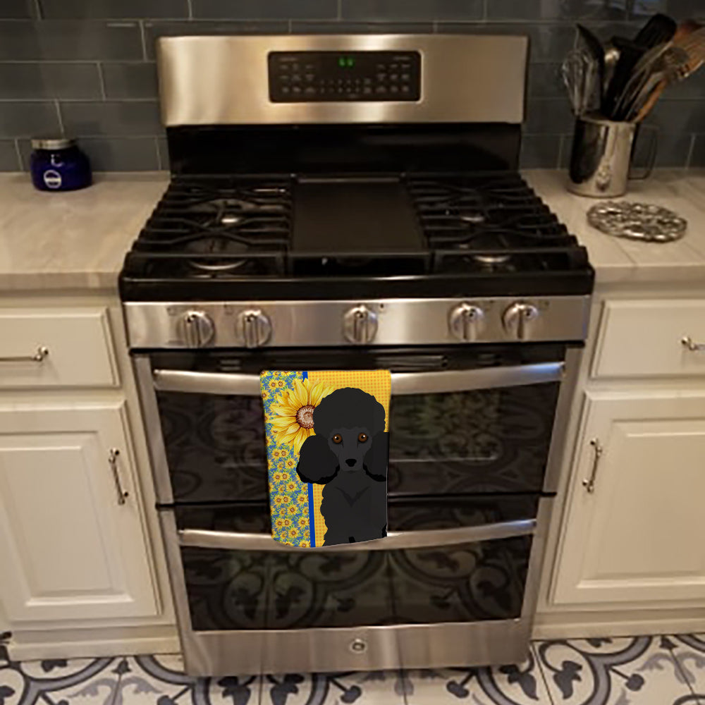 Summer Sunflowers Toy Black Poodle Kitchen Towel Velour Plush Front and Cotton Loop Back Machine Washable
