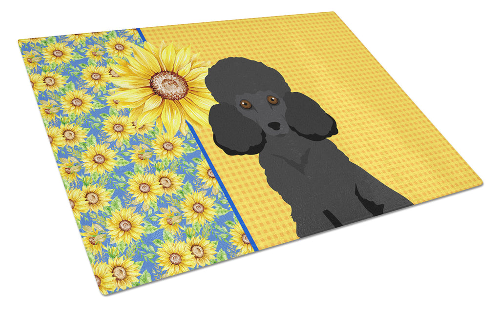 Summer Sunflowers Toy Black Poodle Cutting Board Tempered Glass Kitchen Cutting Surface, Heat Resistant Chopping, Non-Slip Feet, Food Prep & Serving