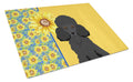 Summer Sunflowers Toy Black Poodle Cutting Board Tempered Glass Kitchen Cutting Surface, Heat Resistant Chopping, Non-Slip Feet, Food Prep & Serving