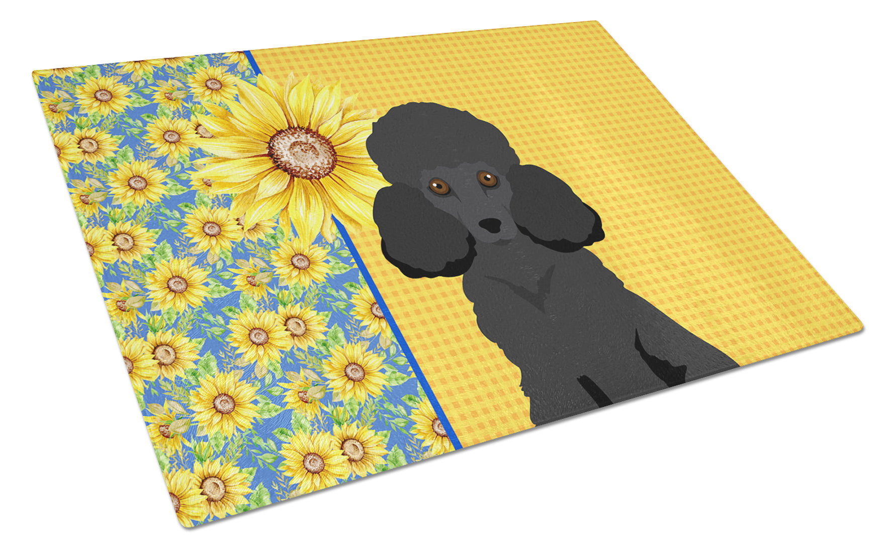 Summer Sunflowers Toy Black Poodle Cutting Board Tempered Glass Kitchen Cutting Surface, Heat Resistant Chopping, Non-Slip Feet, Food Prep & Serving