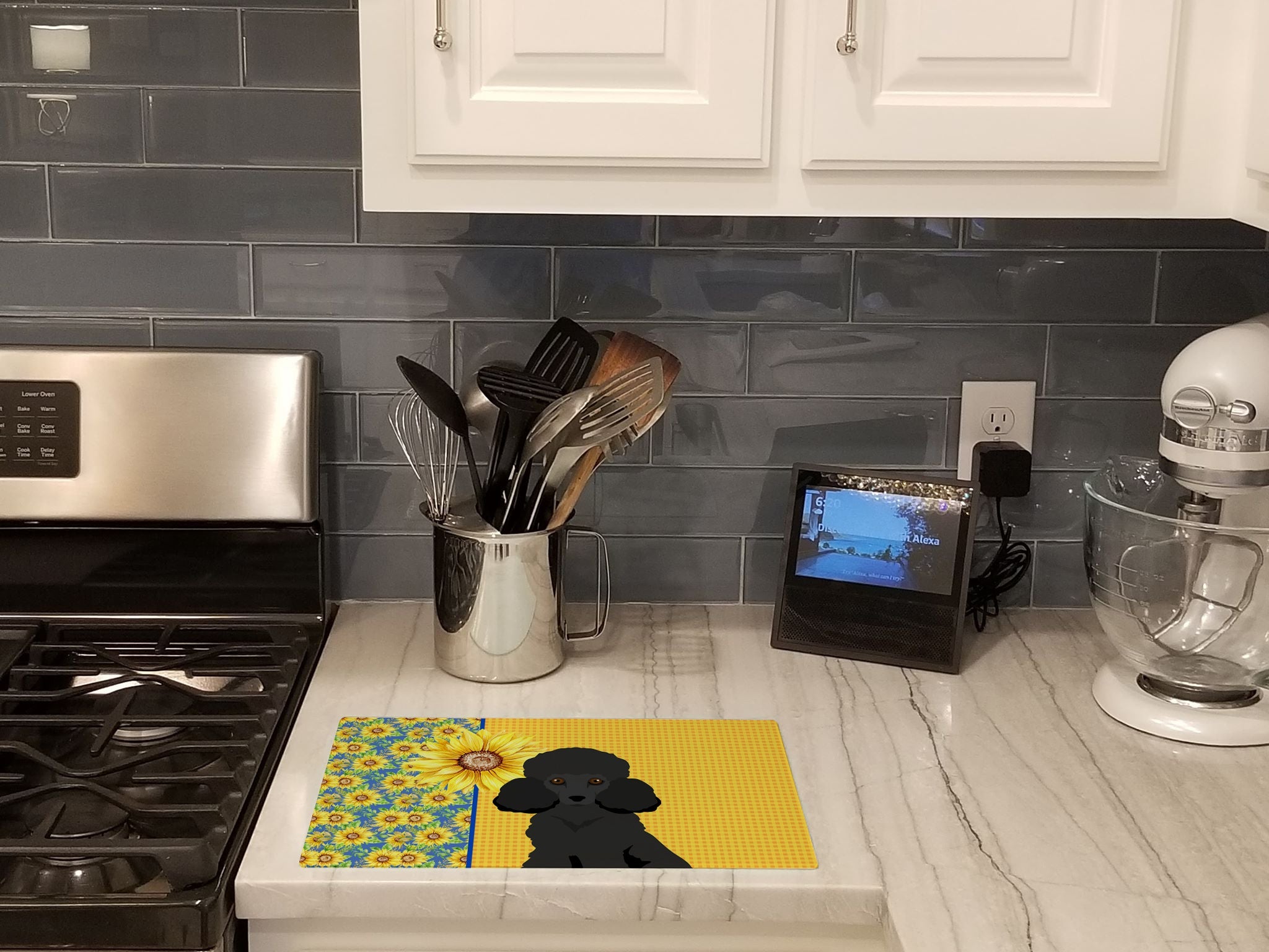 Summer Sunflowers Toy Black Poodle Cutting Board Tempered Glass Kitchen Cutting Surface, Heat Resistant Chopping, Non-Slip Feet, Food Prep & Serving