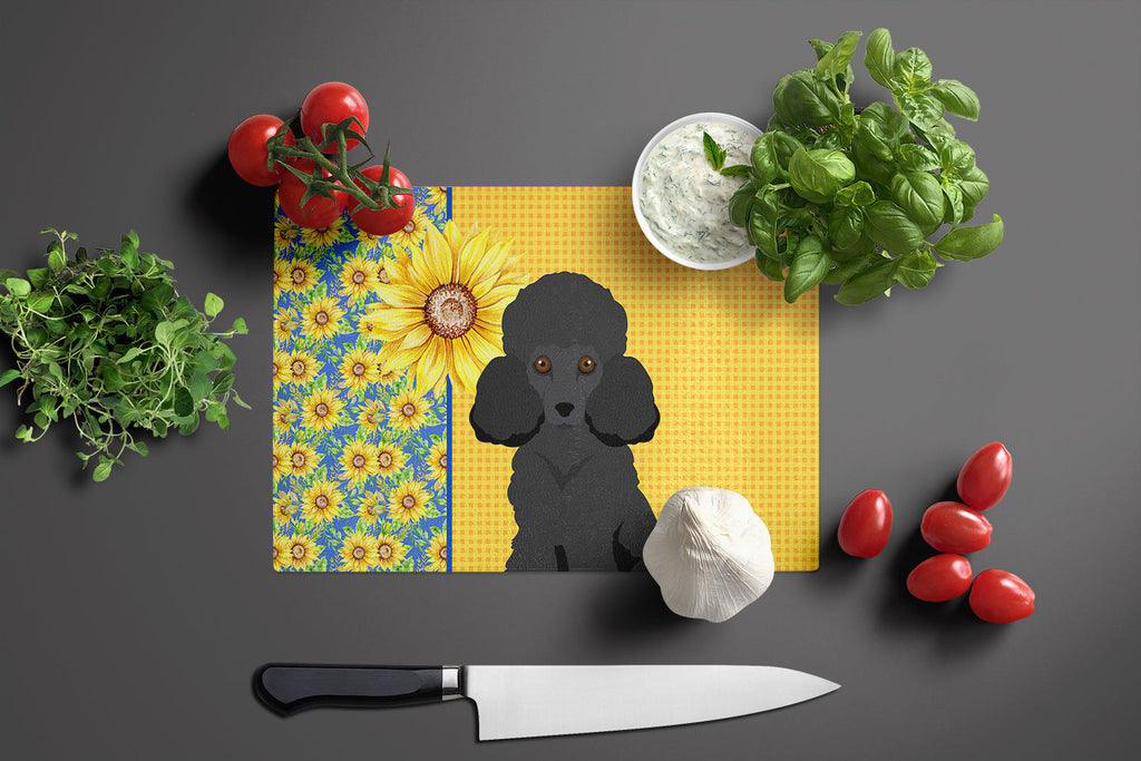 Summer Sunflowers Toy Black Poodle Cutting Board Tempered Glass Kitchen Cutting Surface, Heat Resistant Chopping, Non-Slip Feet, Food Prep & Serving