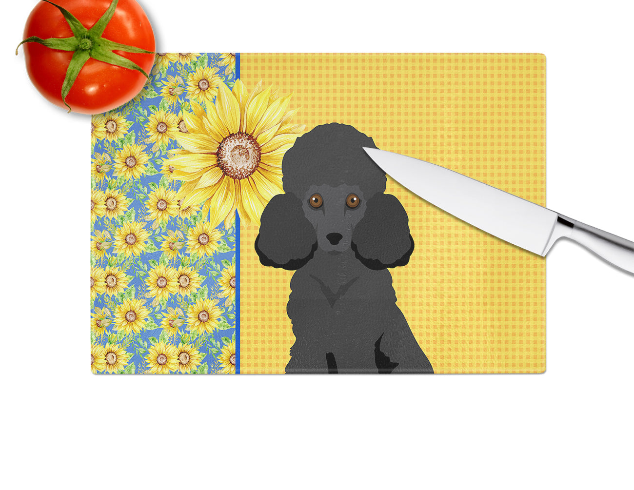 Summer Sunflowers Toy Black Poodle Cutting Board Tempered Glass Kitchen Cutting Surface, Heat Resistant Chopping, Non-Slip Feet, Food Prep & Serving