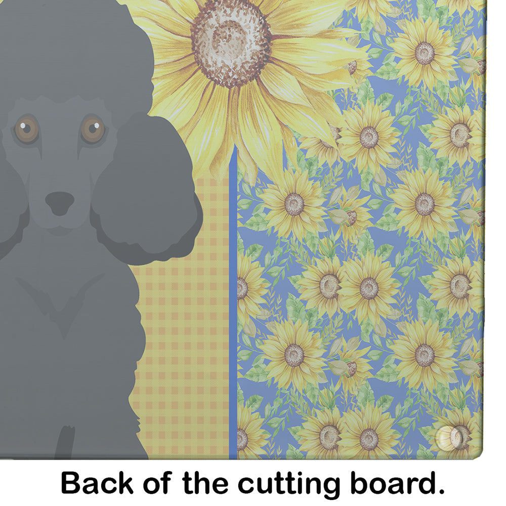 Summer Sunflowers Toy Black Poodle Cutting Board Tempered Glass Kitchen Cutting Surface, Heat Resistant Chopping, Non-Slip Feet, Food Prep & Serving