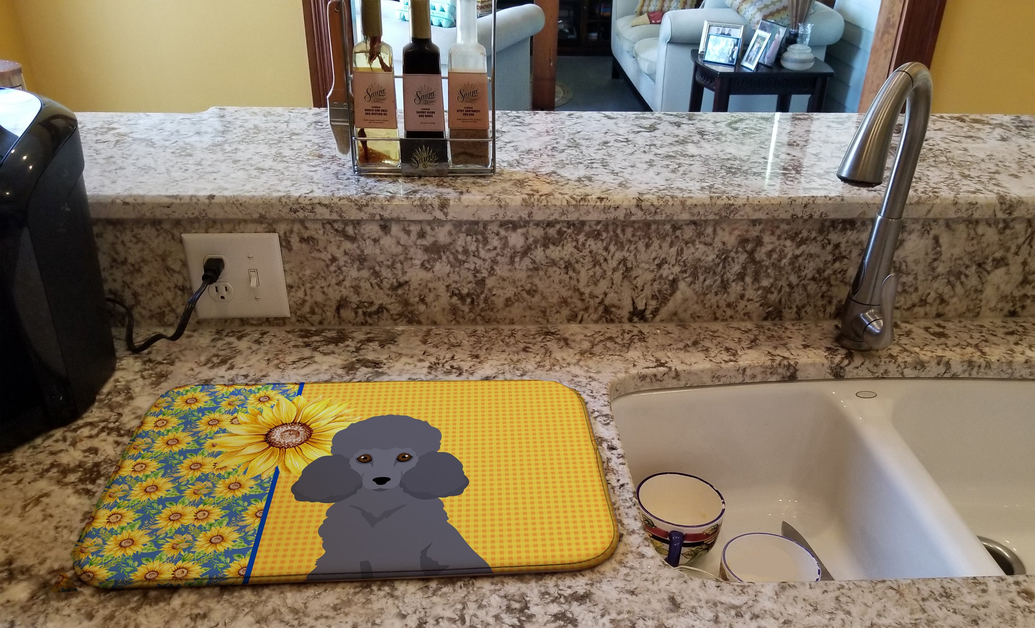 Summer Sunflowers Toy Grey Poodle Dish Drying Mat Absorbent Dish Drying Mat Pad for Kitchen Counter Dish Drainer Mat for Countertop, 14 x 21", Multicolor