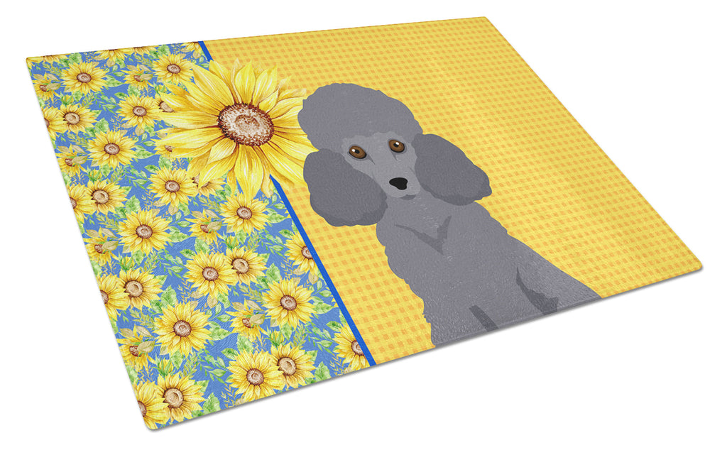 Summer Sunflowers Toy Grey Poodle Cutting Board Tempered Glass Kitchen Cutting Surface, Heat Resistant Chopping, Non-Slip Feet, Food Prep & Serving