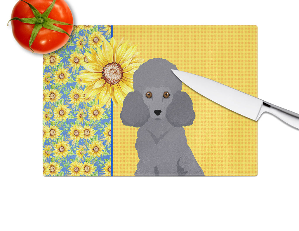 Summer Sunflowers Toy Grey Poodle Cutting Board Tempered Glass Kitchen Cutting Surface, Heat Resistant Chopping, Non-Slip Feet, Food Prep & Serving