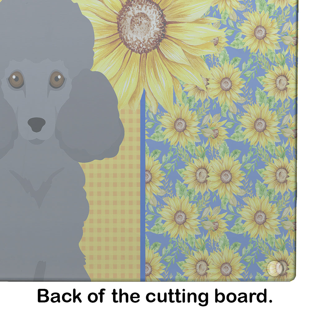 Summer Sunflowers Toy Grey Poodle Cutting Board Tempered Glass Kitchen Cutting Surface, Heat Resistant Chopping, Non-Slip Feet, Food Prep & Serving