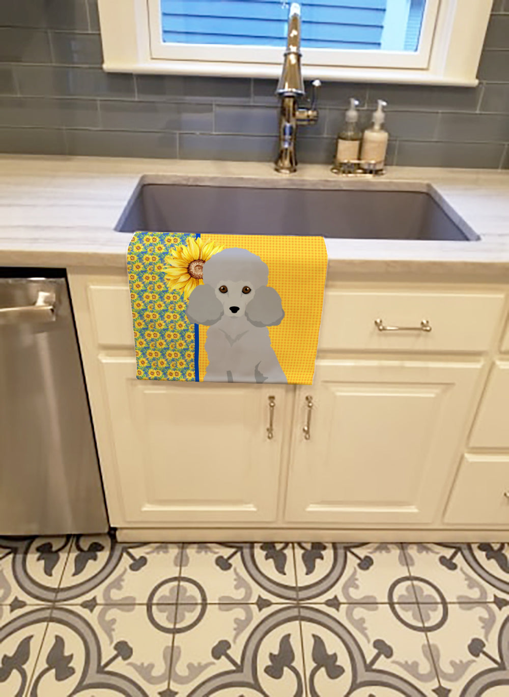 Summer Sunflowers Toy Silver Poodle Kitchen Towel Velour Plush Front and Cotton Loop Back Machine Washable