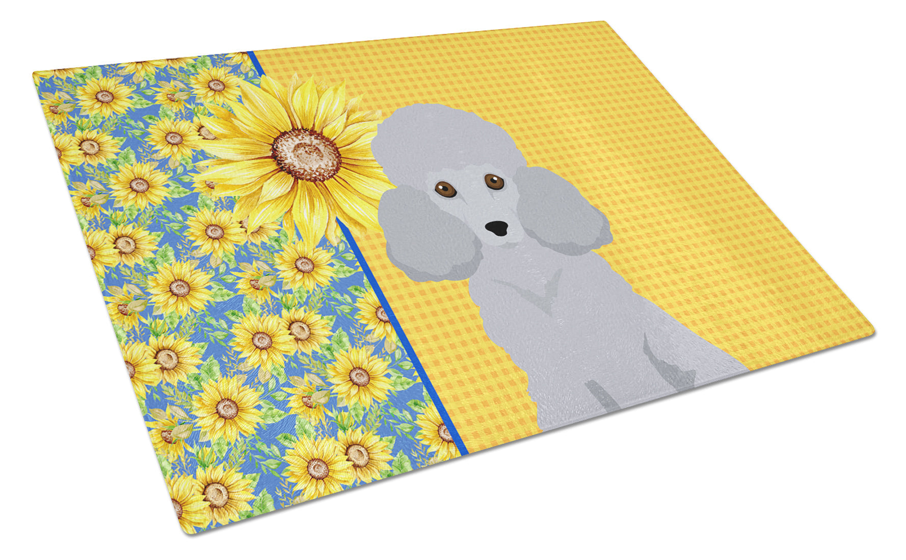 Summer Sunflowers Toy Silver Poodle Cutting Board Tempered Glass Kitchen Cutting Surface, Heat Resistant Chopping, Non-Slip Feet, Food Prep & Serving