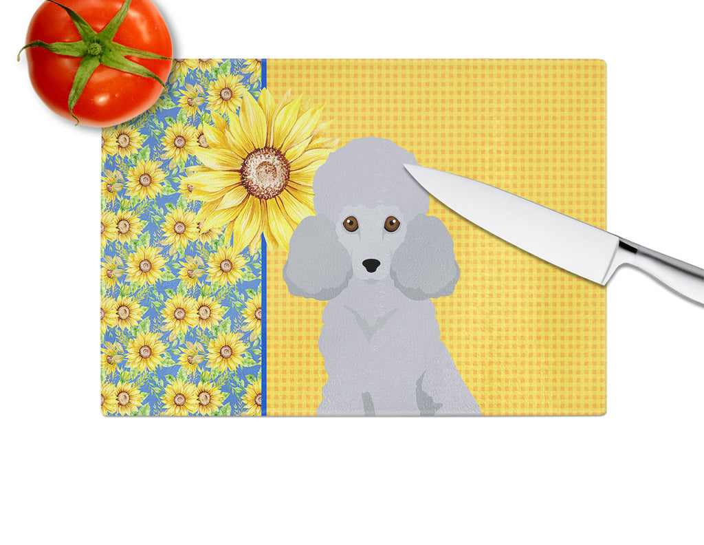 Summer Sunflowers Toy Silver Poodle Cutting Board Tempered Glass Kitchen Cutting Surface, Heat Resistant Chopping, Non-Slip Feet, Food Prep & Serving