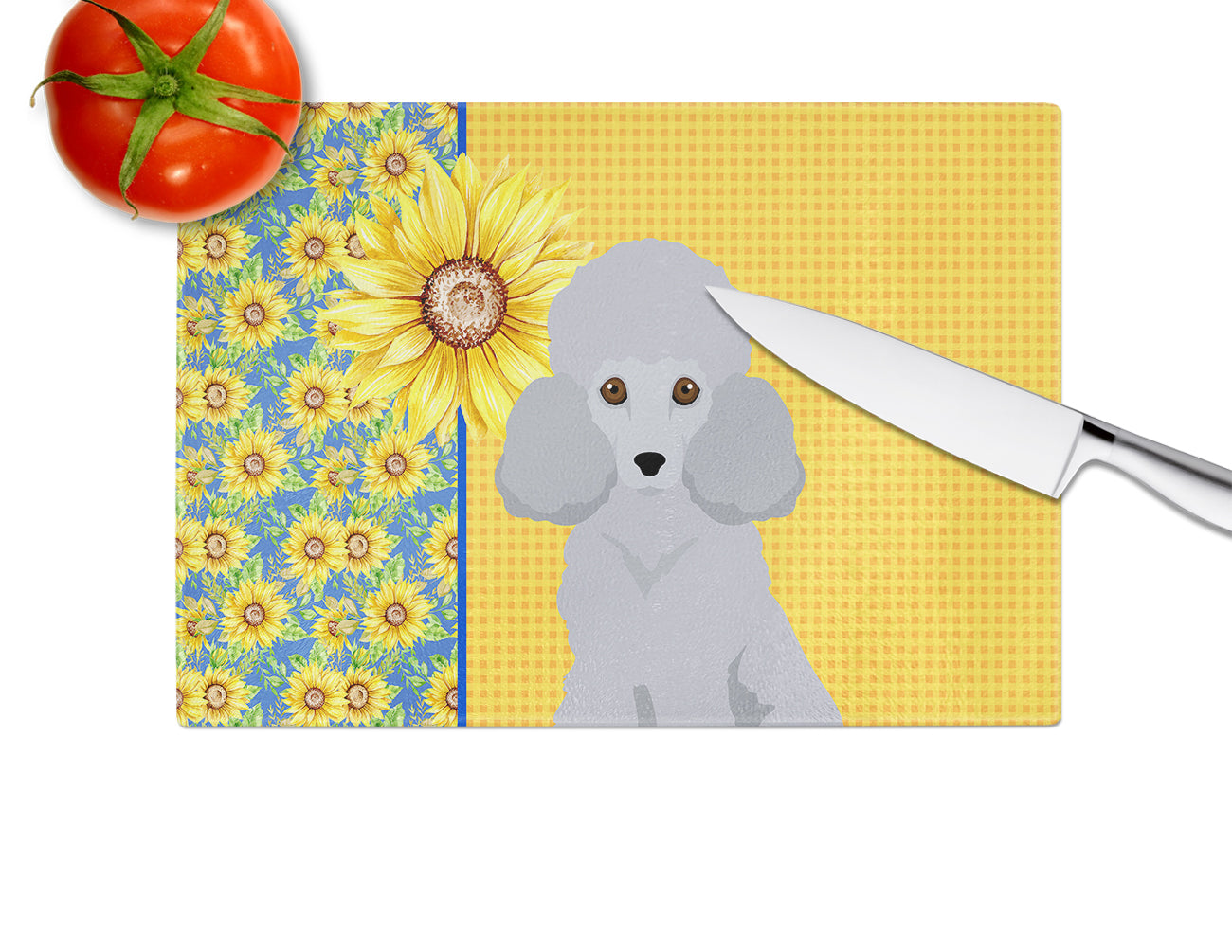 Summer Sunflowers Toy Silver Poodle Cutting Board Tempered Glass Kitchen Cutting Surface, Heat Resistant Chopping, Non-Slip Feet, Food Prep & Serving