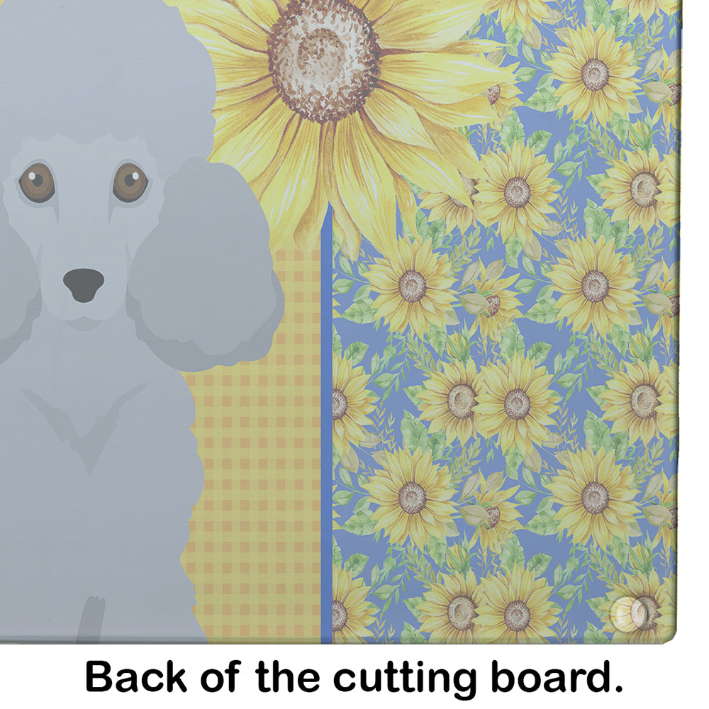 Summer Sunflowers Toy Silver Poodle Cutting Board Tempered Glass Kitchen Cutting Surface, Heat Resistant Chopping, Non-Slip Feet, Food Prep & Serving