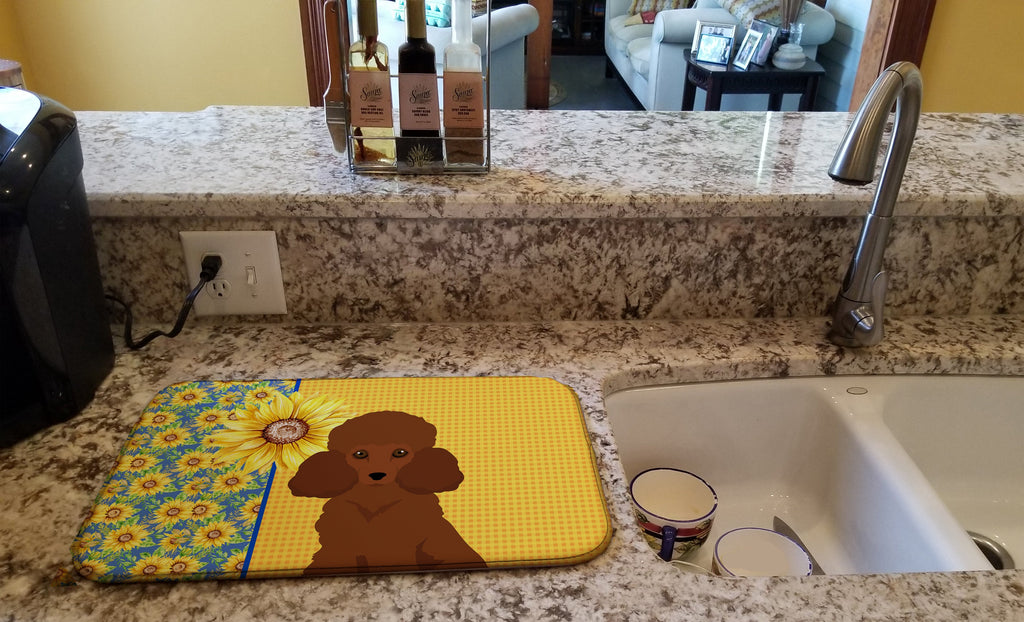 Summer Sunflowers Toy Red Poodle Dish Drying Mat Absorbent Dish Drying Mat Pad for Kitchen Counter Dish Drainer Mat for Countertop, 14 x 21", Multicolor