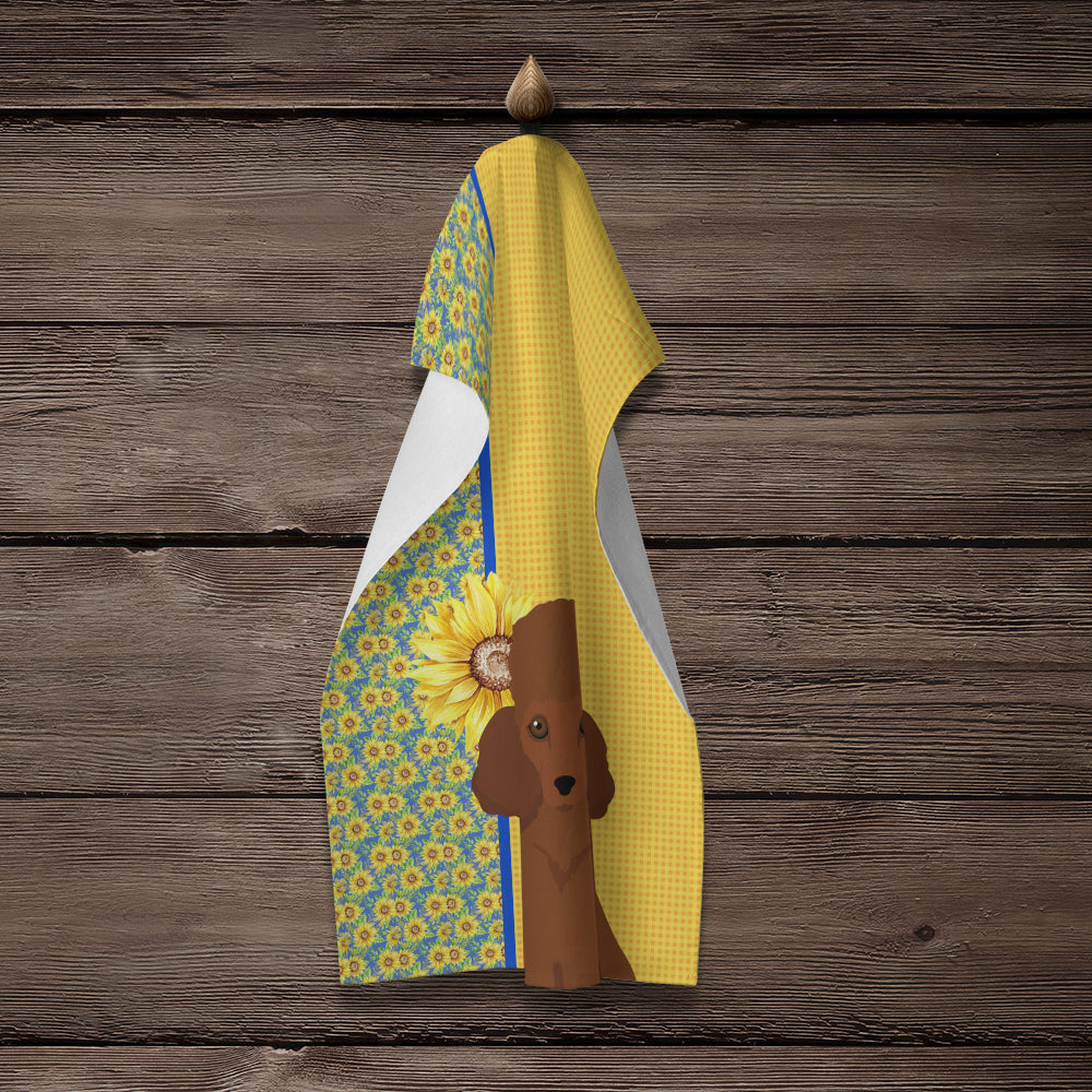 Summer Sunflowers Toy Red Poodle Kitchen Towel Velour Plush Front and Cotton Loop Back Machine Washable
