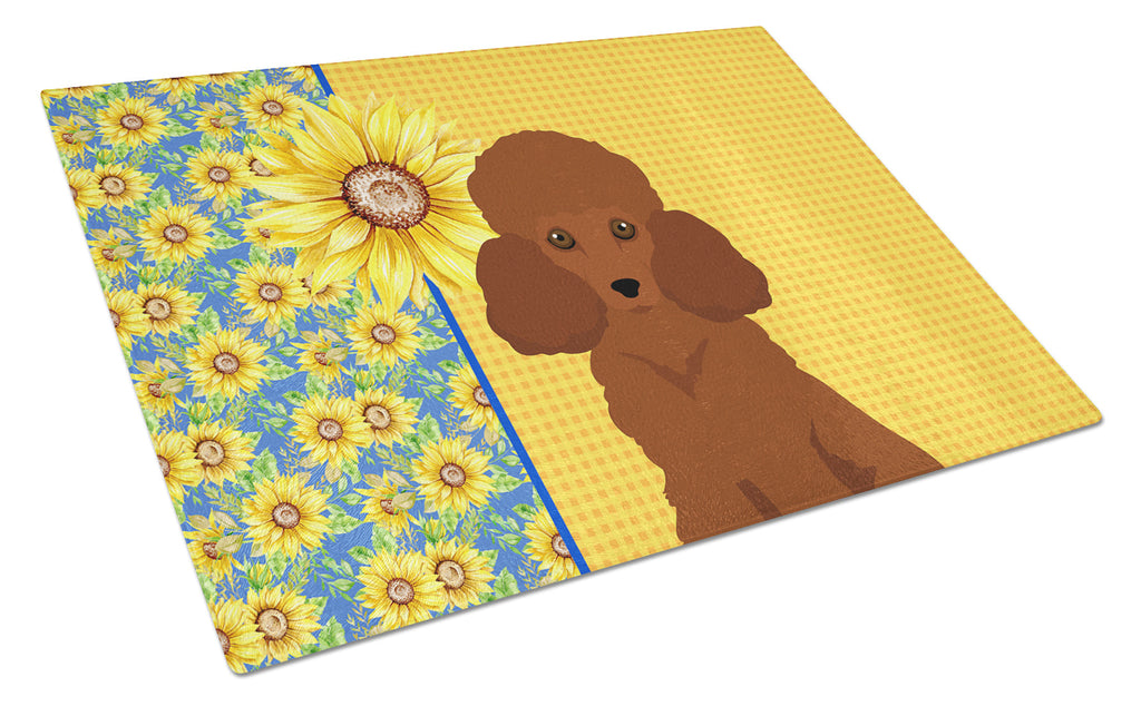 Summer Sunflowers Toy Red Poodle Cutting Board Tempered Glass Kitchen Cutting Surface, Heat Resistant Chopping, Non-Slip Feet, Food Prep & Serving