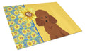 Summer Sunflowers Toy Red Poodle Cutting Board Tempered Glass Kitchen Cutting Surface, Heat Resistant Chopping, Non-Slip Feet, Food Prep & Serving