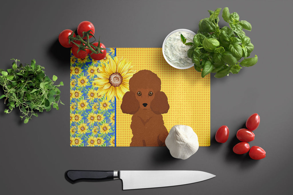 Summer Sunflowers Toy Red Poodle Cutting Board Tempered Glass Kitchen Cutting Surface, Heat Resistant Chopping, Non-Slip Feet, Food Prep & Serving