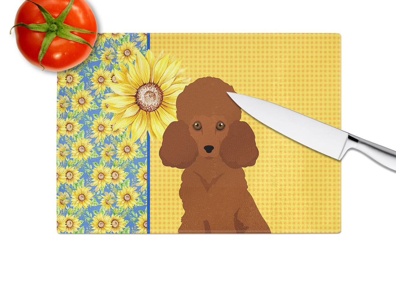 Summer Sunflowers Toy Red Poodle Cutting Board Tempered Glass Kitchen Cutting Surface, Heat Resistant Chopping, Non-Slip Feet, Food Prep & Serving