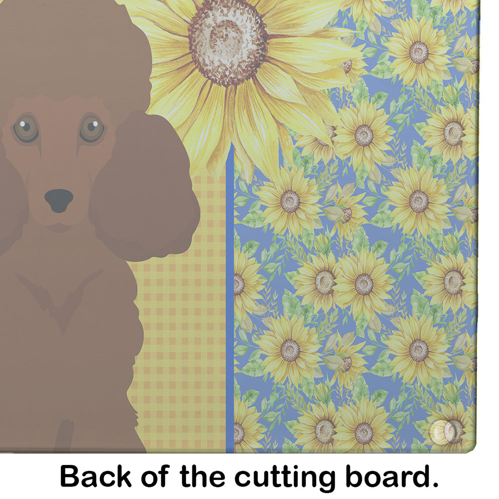 Summer Sunflowers Toy Red Poodle Cutting Board Tempered Glass Kitchen Cutting Surface, Heat Resistant Chopping, Non-Slip Feet, Food Prep & Serving