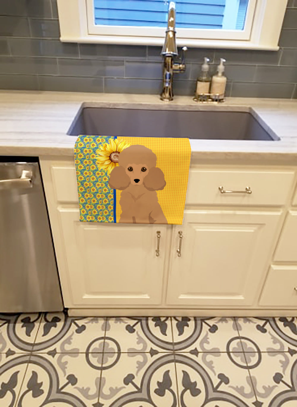Summer Sunflowers Toy Apricot Poodle Kitchen Towel Velour Plush Front and Cotton Loop Back Machine Washable