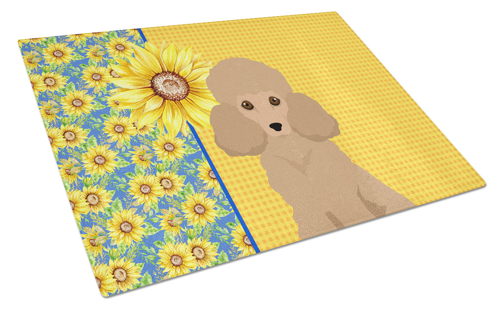 Summer Sunflowers Toy Apricot Poodle Cutting Board Tempered Glass Kitchen Cutting Surface, Heat Resistant Chopping, Non-Slip Feet, Food Prep & Serving