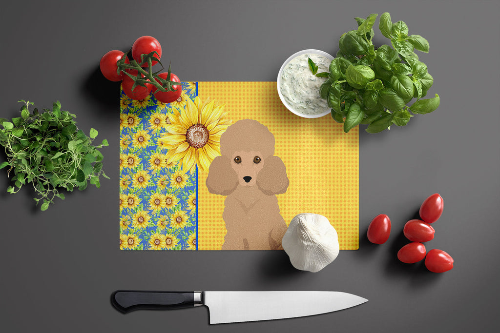 Summer Sunflowers Toy Apricot Poodle Cutting Board Tempered Glass Kitchen Cutting Surface, Heat Resistant Chopping, Non-Slip Feet, Food Prep & Serving