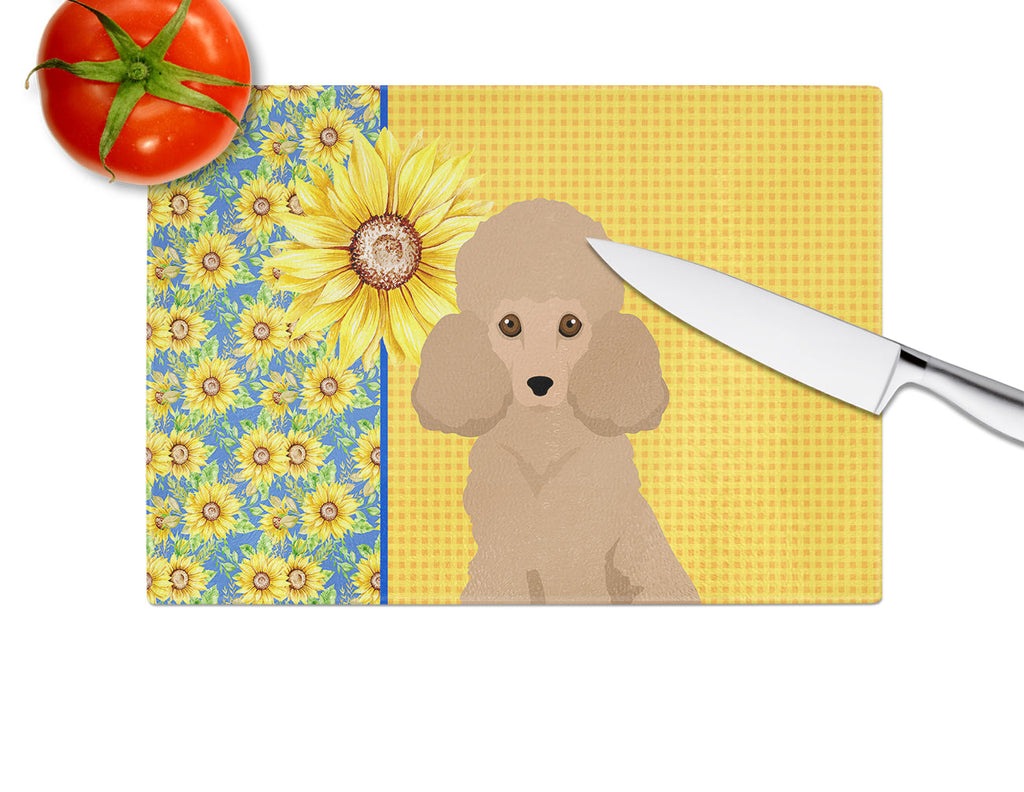 Summer Sunflowers Toy Apricot Poodle Cutting Board Tempered Glass Kitchen Cutting Surface, Heat Resistant Chopping, Non-Slip Feet, Food Prep & Serving