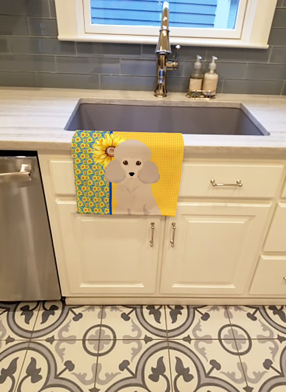 Summer Sunflowers Toy Cream Poodle Kitchen Towel Velour Plush Front and Cotton Loop Back Machine Washable