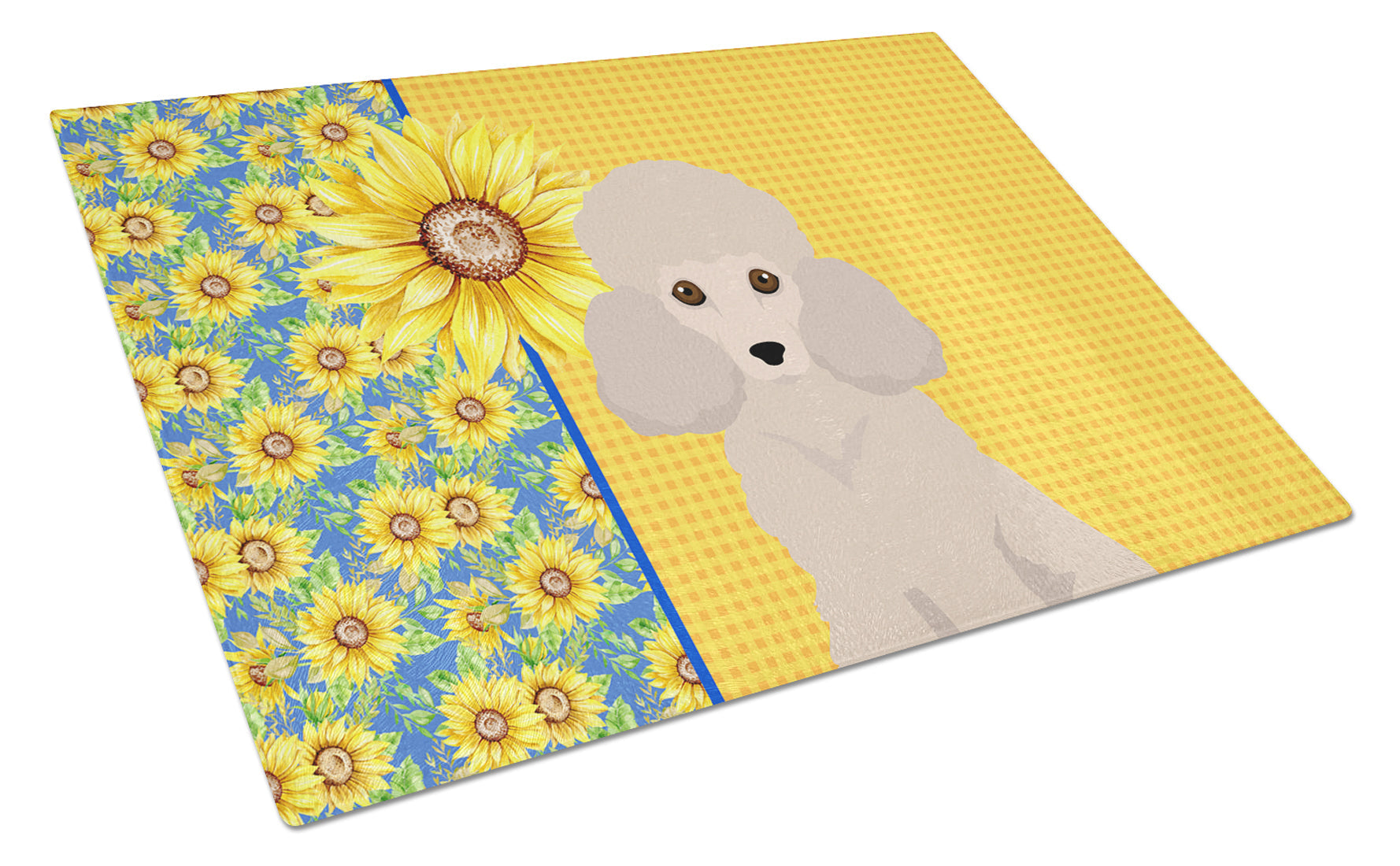 Summer Sunflowers Toy Cream Poodle Cutting Board Tempered Glass Kitchen Cutting Surface, Heat Resistant Chopping, Non-Slip Feet, Food Prep & Serving