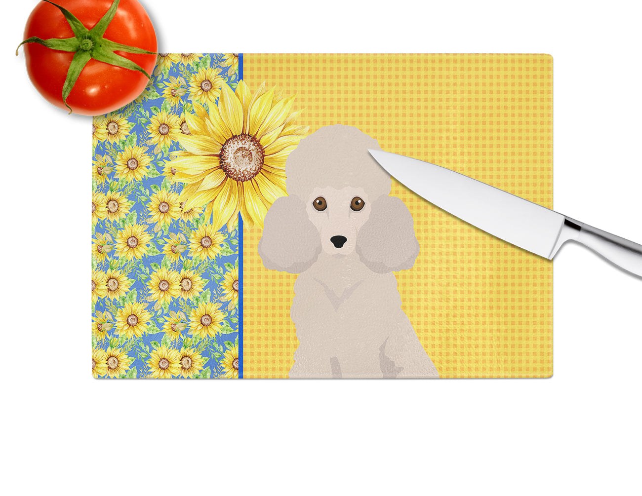 Summer Sunflowers Toy Cream Poodle Cutting Board Tempered Glass Kitchen Cutting Surface, Heat Resistant Chopping, Non-Slip Feet, Food Prep & Serving