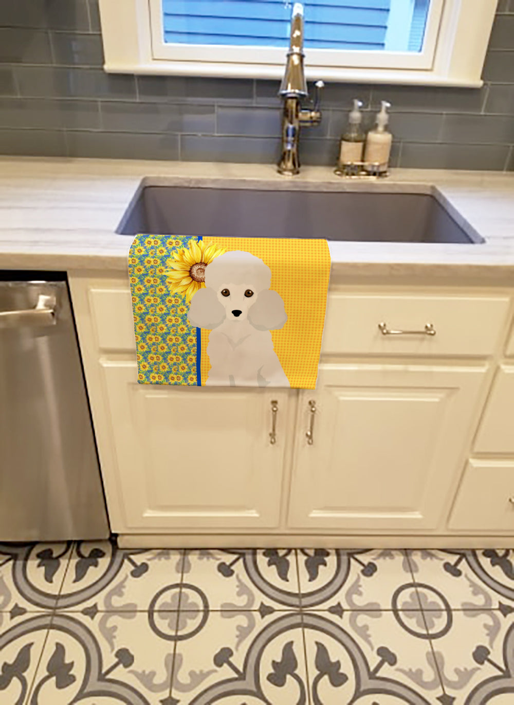 Summer Sunflowers Toy White Poodle Kitchen Towel Velour Plush Front and Cotton Loop Back Machine Washable