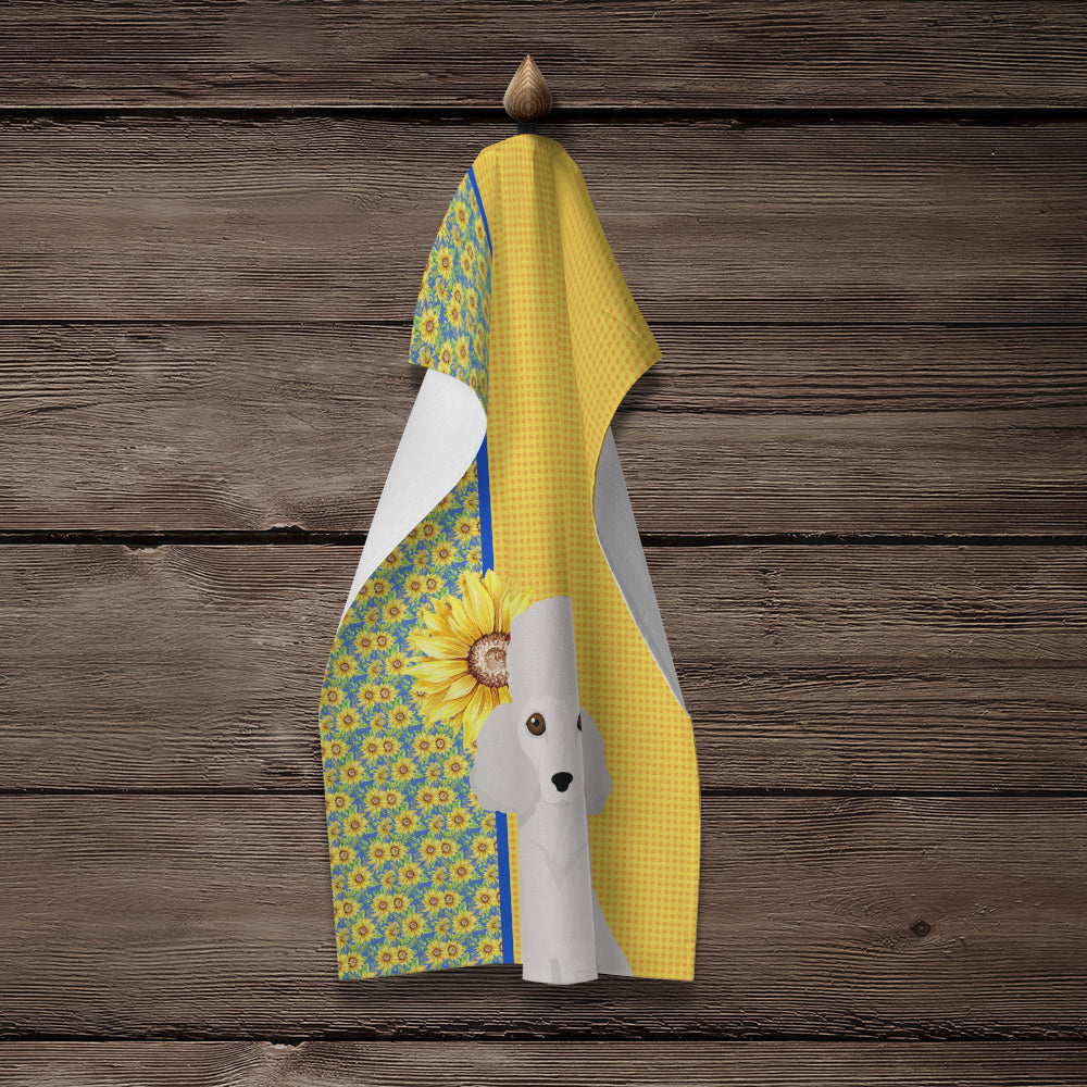 Summer Sunflowers Toy White Poodle Kitchen Towel Velour Plush Front and Cotton Loop Back Machine Washable