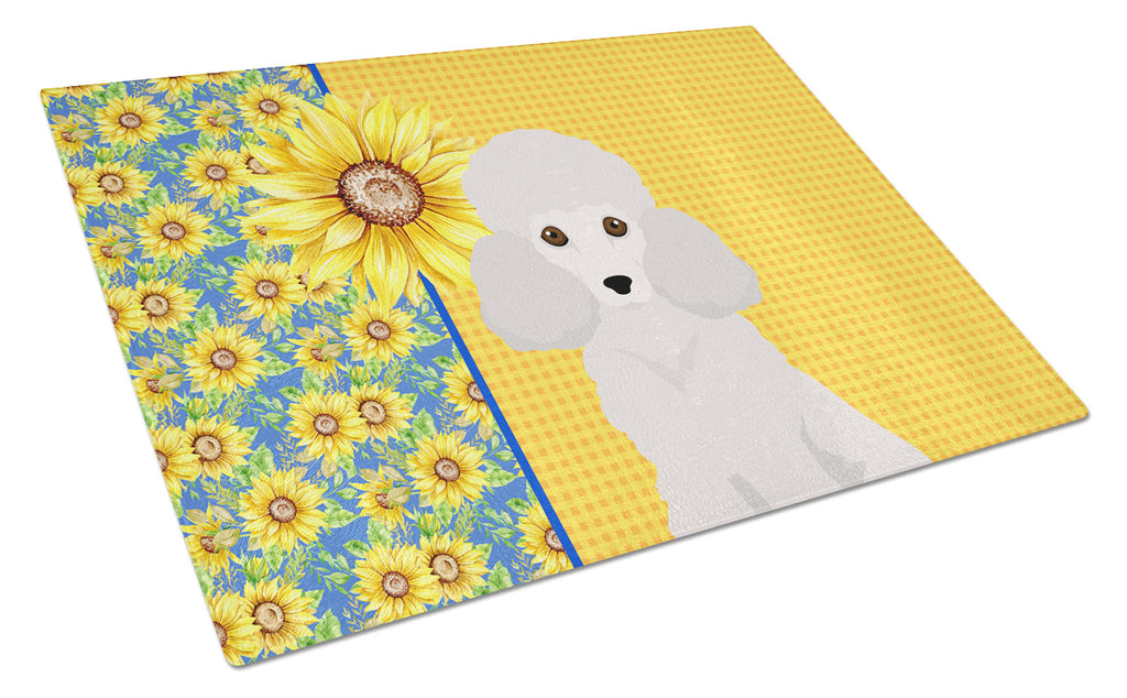Summer Sunflowers Toy White Poodle Cutting Board Tempered Glass Kitchen Cutting Surface, Heat Resistant Chopping, Non-Slip Feet, Food Prep & Serving