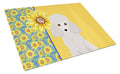 Summer Sunflowers Toy White Poodle Cutting Board Tempered Glass Kitchen Cutting Surface, Heat Resistant Chopping, Non-Slip Feet, Food Prep & Serving