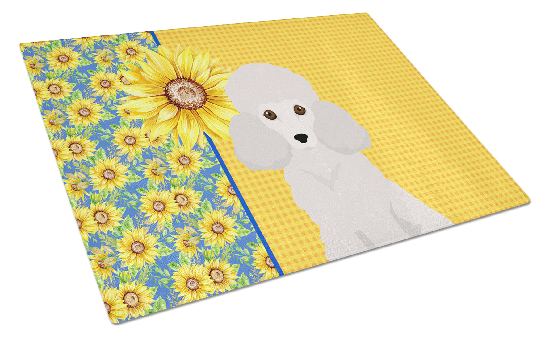Summer Sunflowers Toy White Poodle Cutting Board Tempered Glass Kitchen Cutting Surface, Heat Resistant Chopping, Non-Slip Feet, Food Prep & Serving