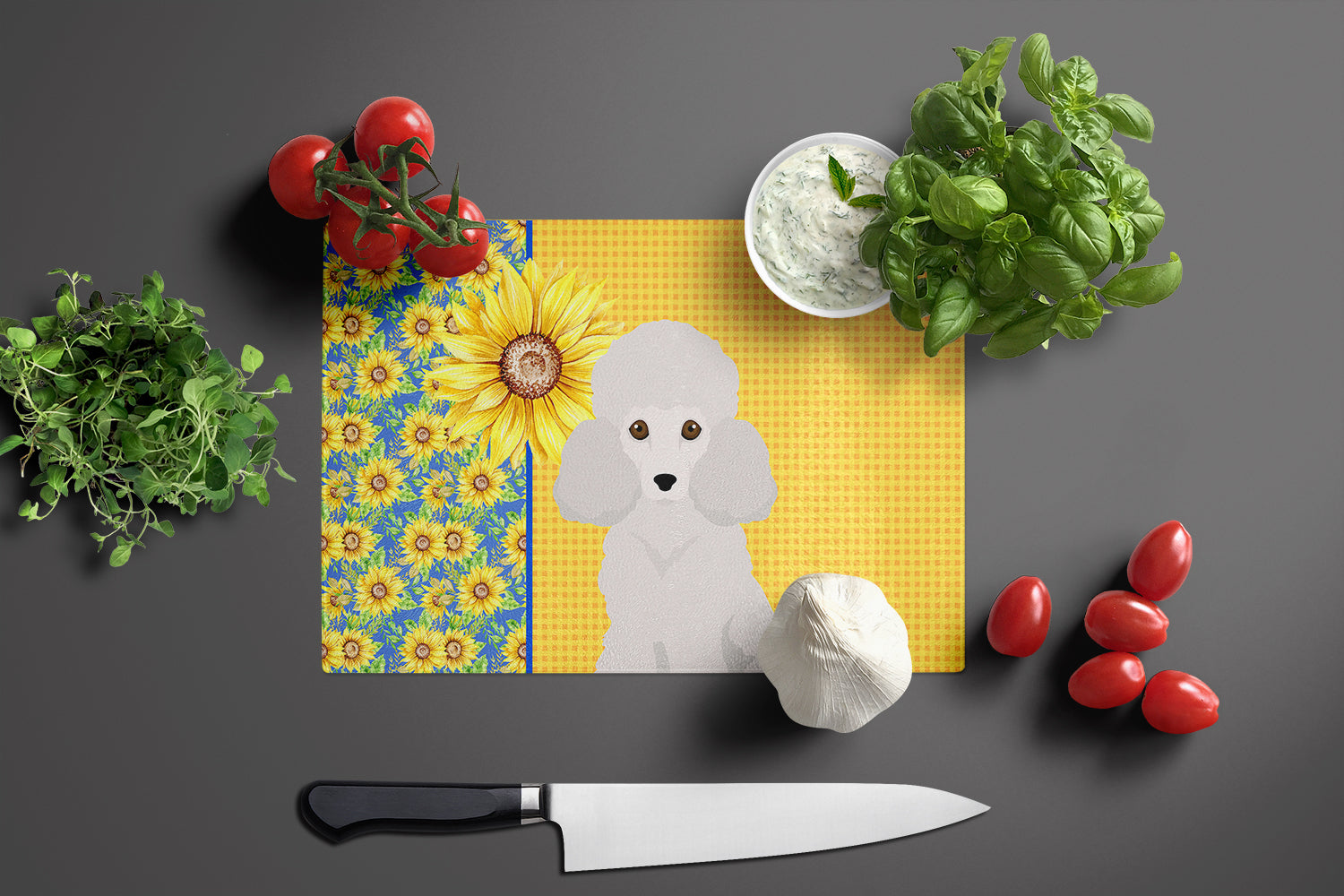 Summer Sunflowers Toy White Poodle Cutting Board Tempered Glass Kitchen Cutting Surface, Heat Resistant Chopping, Non-Slip Feet, Food Prep & Serving