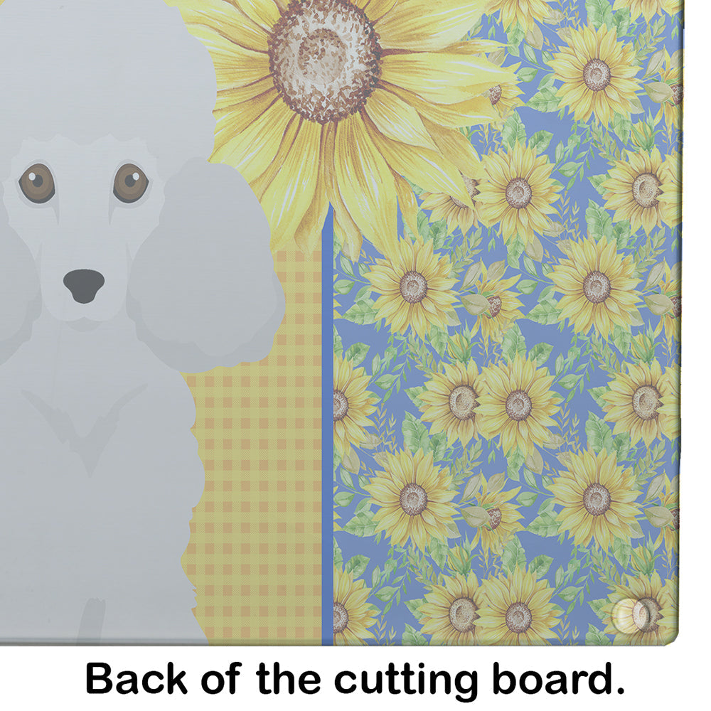 Summer Sunflowers Toy White Poodle Cutting Board Tempered Glass Kitchen Cutting Surface, Heat Resistant Chopping, Non-Slip Feet, Food Prep & Serving