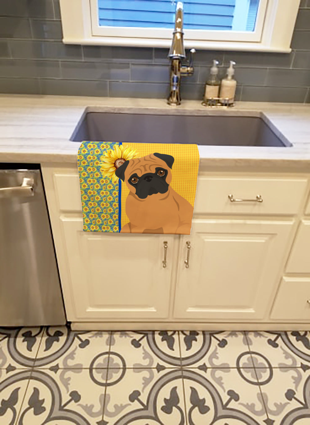 Summer Sunflowers Apricot Pug Kitchen Towel Velour Plush Front and Cotton Loop Back Machine Washable