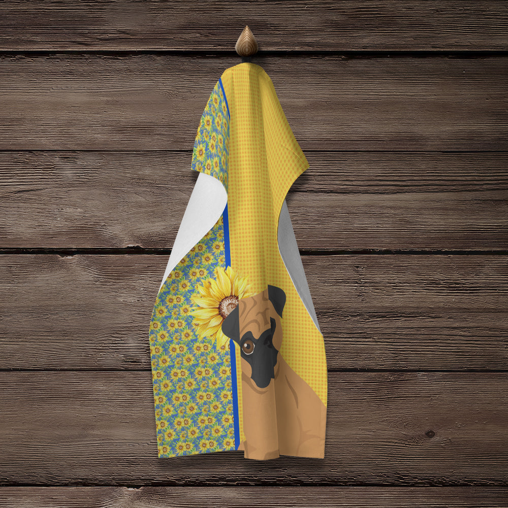 Summer Sunflowers Apricot Pug Kitchen Towel Velour Plush Front and Cotton Loop Back Machine Washable