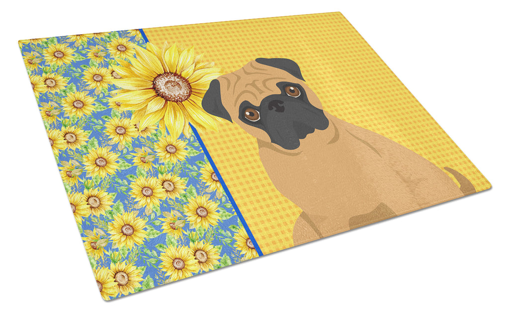 Summer Sunflowers Apricot Pug Cutting Board Tempered Glass Kitchen Cutting Surface, Heat Resistant Chopping, Non-Slip Feet, Food Prep & Serving
