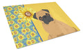 Summer Sunflowers Apricot Pug Cutting Board Tempered Glass Kitchen Cutting Surface, Heat Resistant Chopping, Non-Slip Feet, Food Prep & Serving