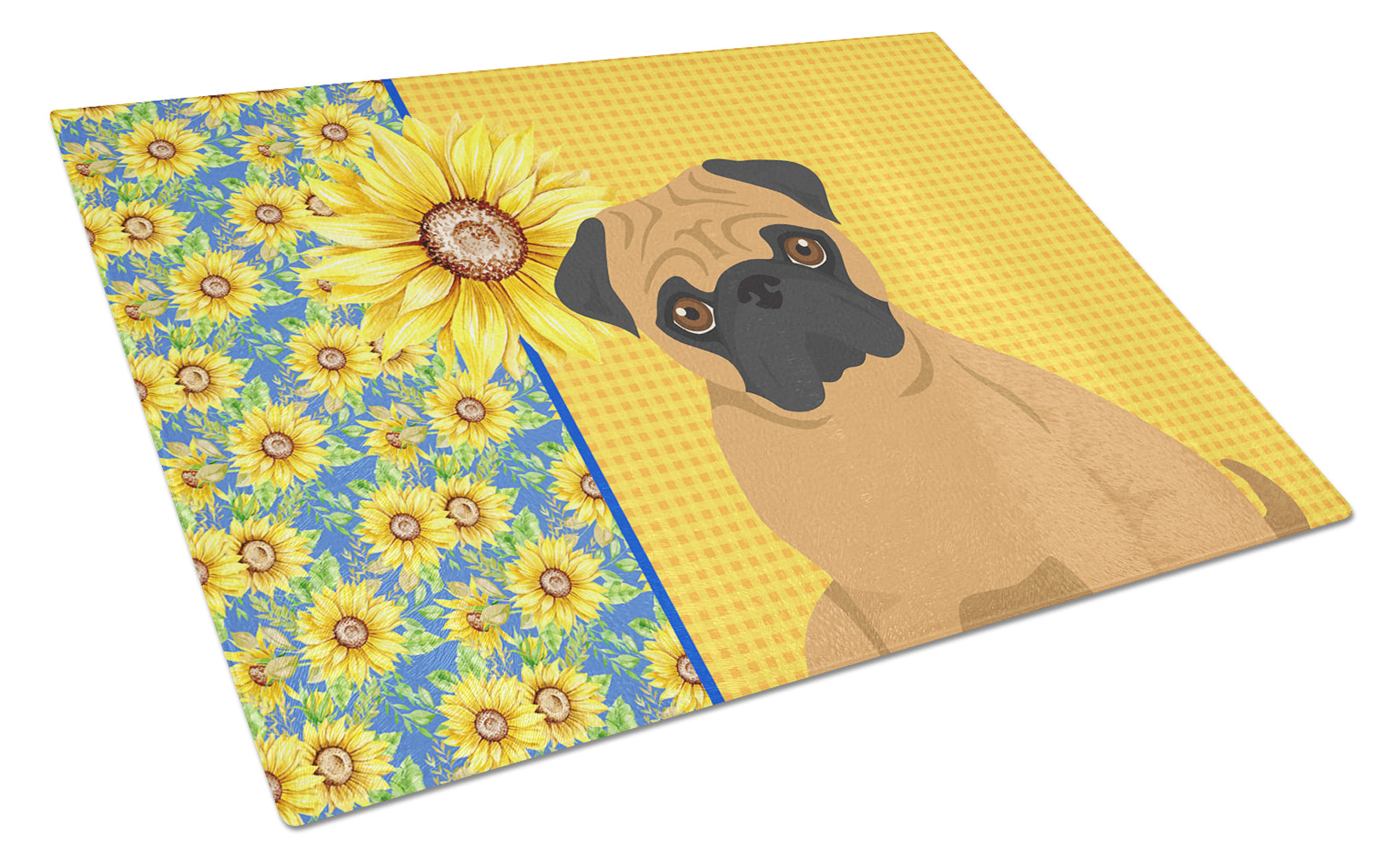 Summer Sunflowers Apricot Pug Cutting Board Tempered Glass Kitchen Cutting Surface, Heat Resistant Chopping, Non-Slip Feet, Food Prep & Serving