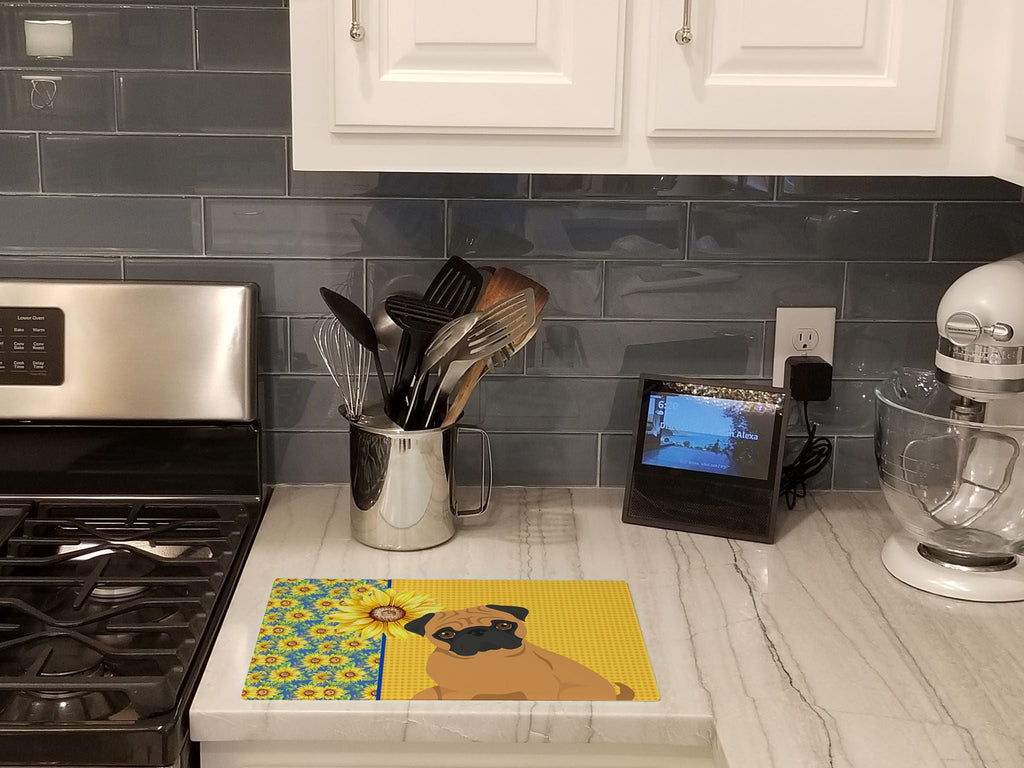 Summer Sunflowers Apricot Pug Cutting Board Tempered Glass Kitchen Cutting Surface, Heat Resistant Chopping, Non-Slip Feet, Food Prep & Serving