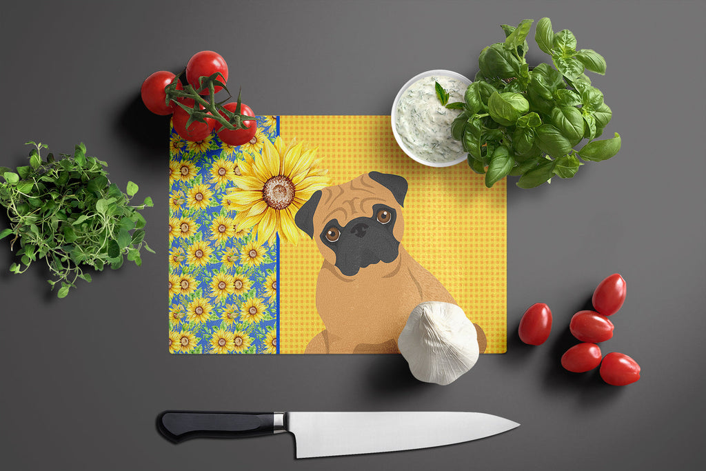 Summer Sunflowers Apricot Pug Cutting Board Tempered Glass Kitchen Cutting Surface, Heat Resistant Chopping, Non-Slip Feet, Food Prep & Serving
