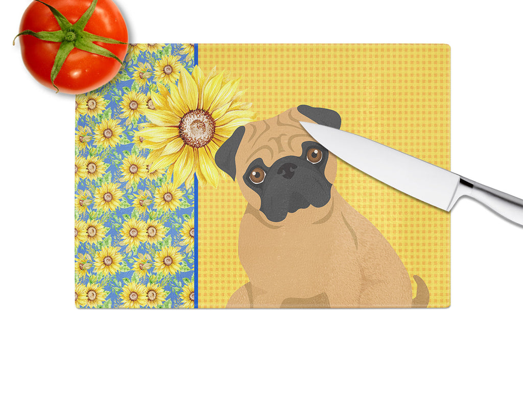 Summer Sunflowers Apricot Pug Cutting Board Tempered Glass Kitchen Cutting Surface, Heat Resistant Chopping, Non-Slip Feet, Food Prep & Serving